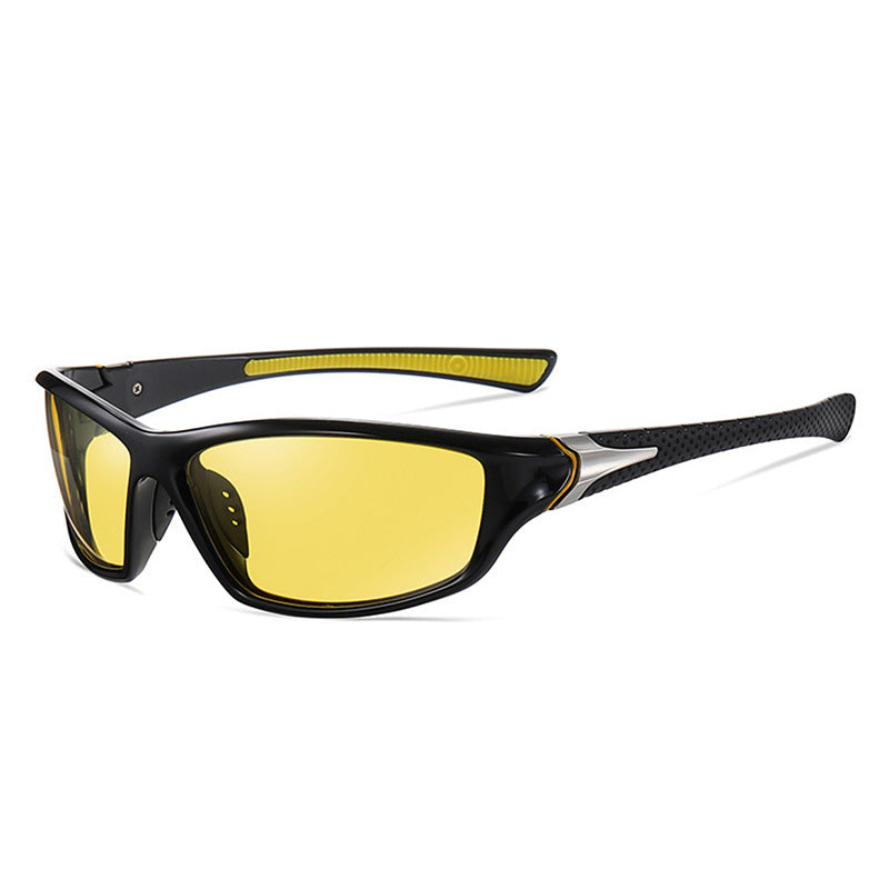 Black wrap-around sunglasses with yellow lenses and yellow accent details on the temples, shown on a white background.