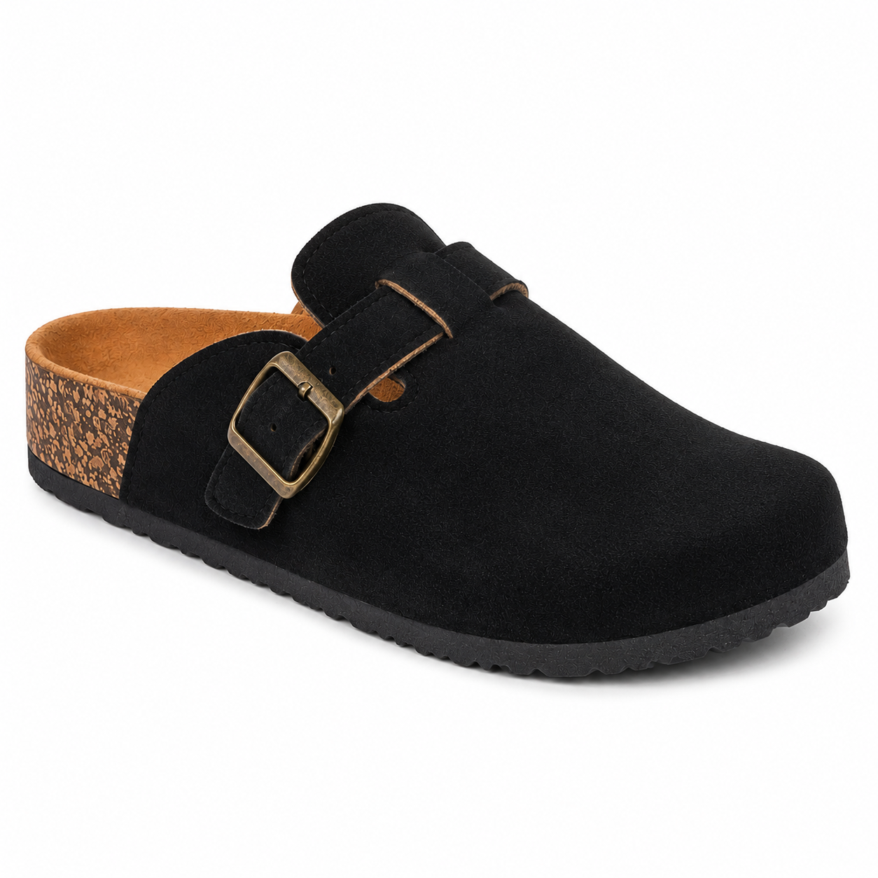 Black suede clog shoe with a brown insole on a white background