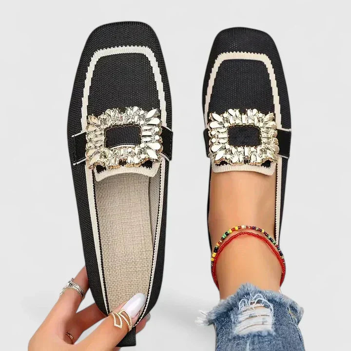 Chic Collection | Women's Loafers with Jeweled Buckle & Slip-On Comfort | Stylish Square Toe Design for Effortless Elegance 1
