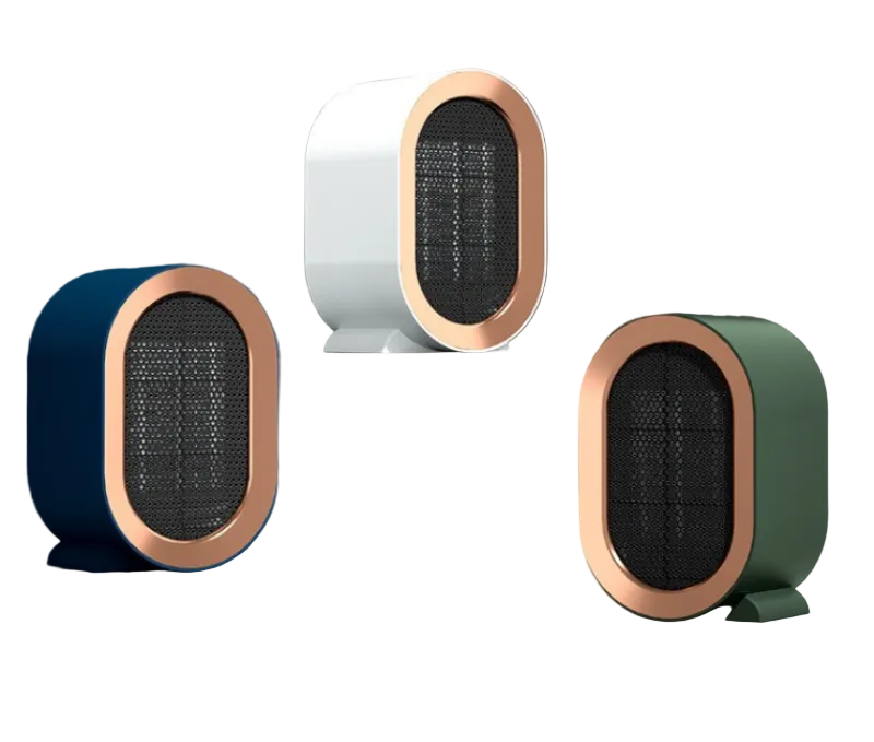 Three compact oval electric heaters in blue, white, and sage green, each featuring a metallic rose gold front grille, displayed on black pedestals against a dark background.
