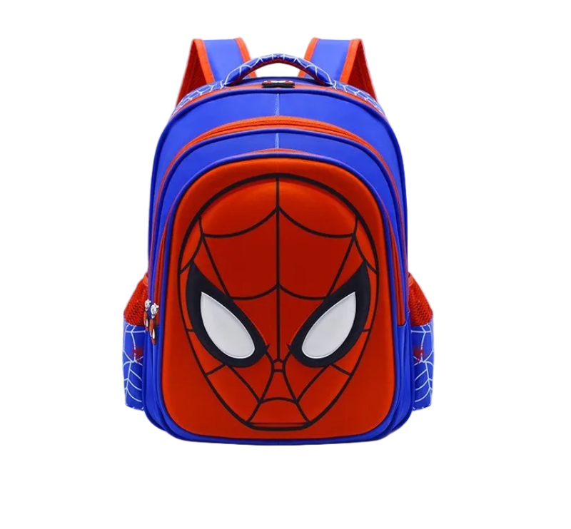 A Spider-Man themed backpack with a large red and blue spider face design on the front, shown on a blue and white pedestal against a blue background.