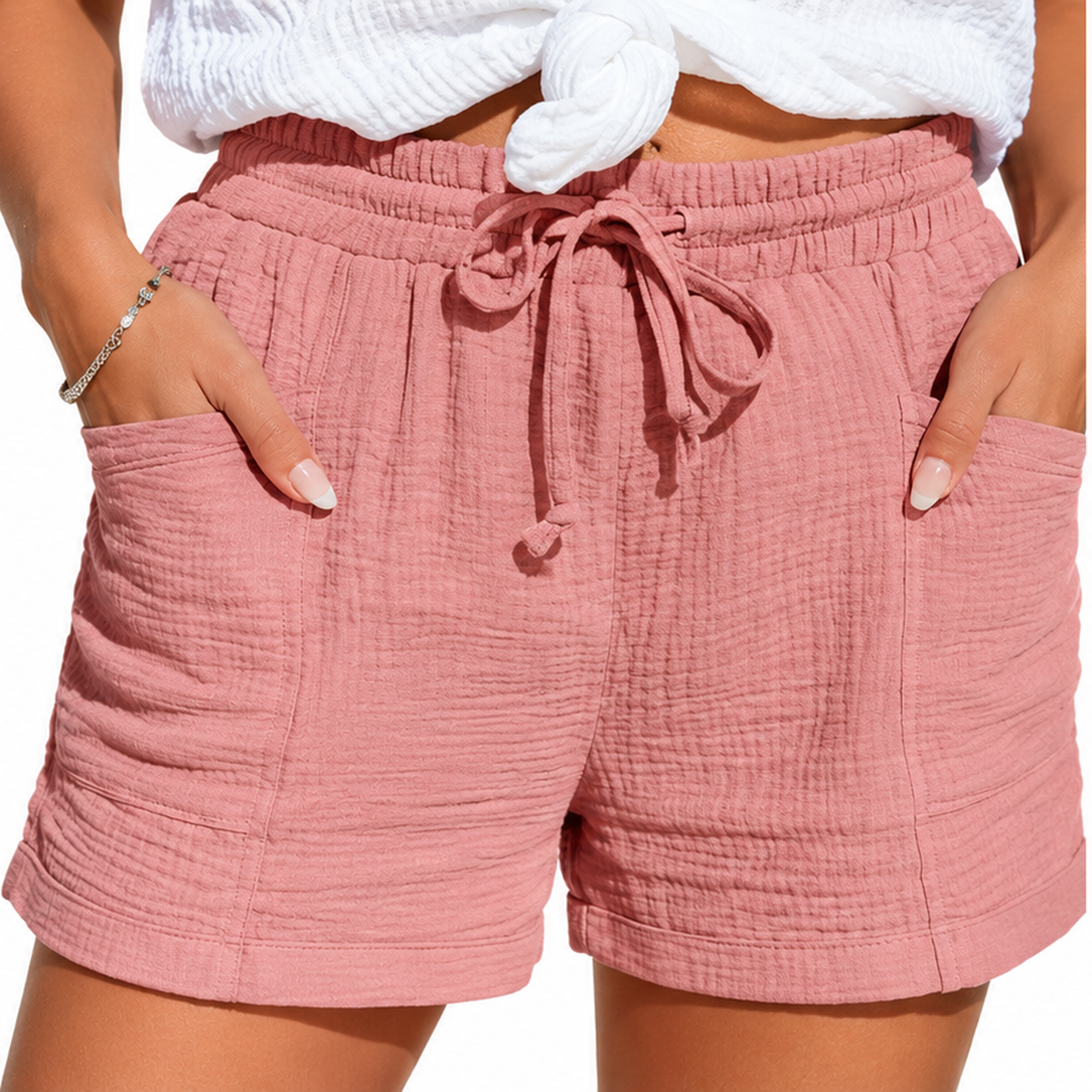 Women's Textured Summer Shorts Elastic Waist Drawstring Casual Beach Shorts