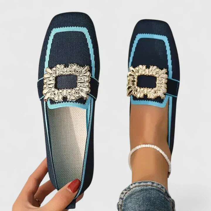 Chic Collection | Women's Loafers with Jeweled Buckle & Slip-On Comfort | Stylish Square Toe Design for Effortless Elegance 0