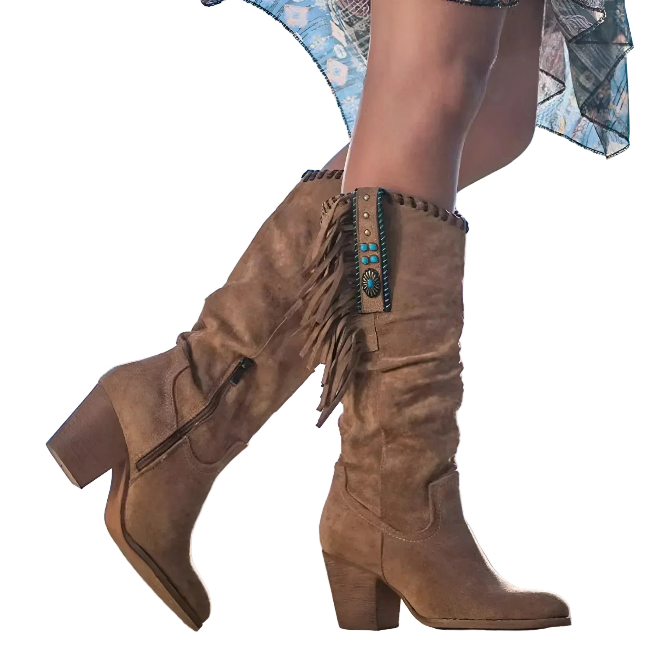 Chic Western | Women's Knee High Heeled Cowboy Boots with Fringe Detail | Stylish Slouch Design for Comfort and Flair 0