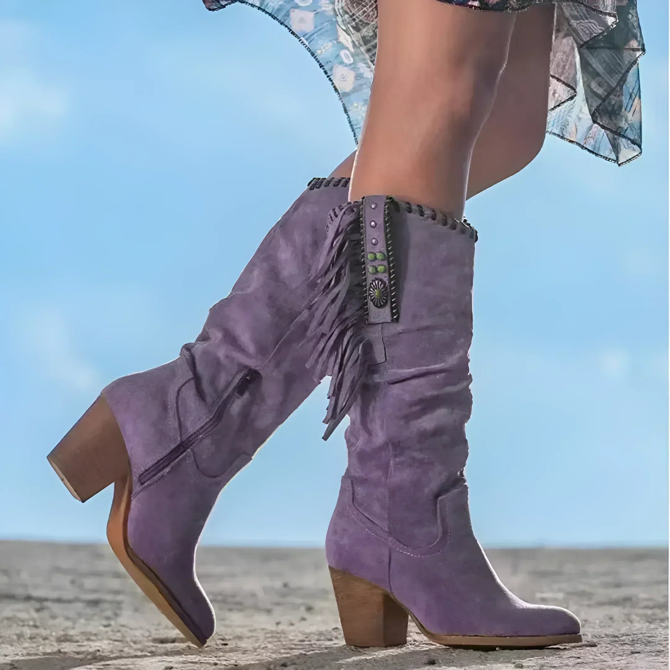 Chic Western | Women's Knee High Heeled Cowboy Boots with Fringe Detail | Stylish Slouch Design for Comfort and Flair 1