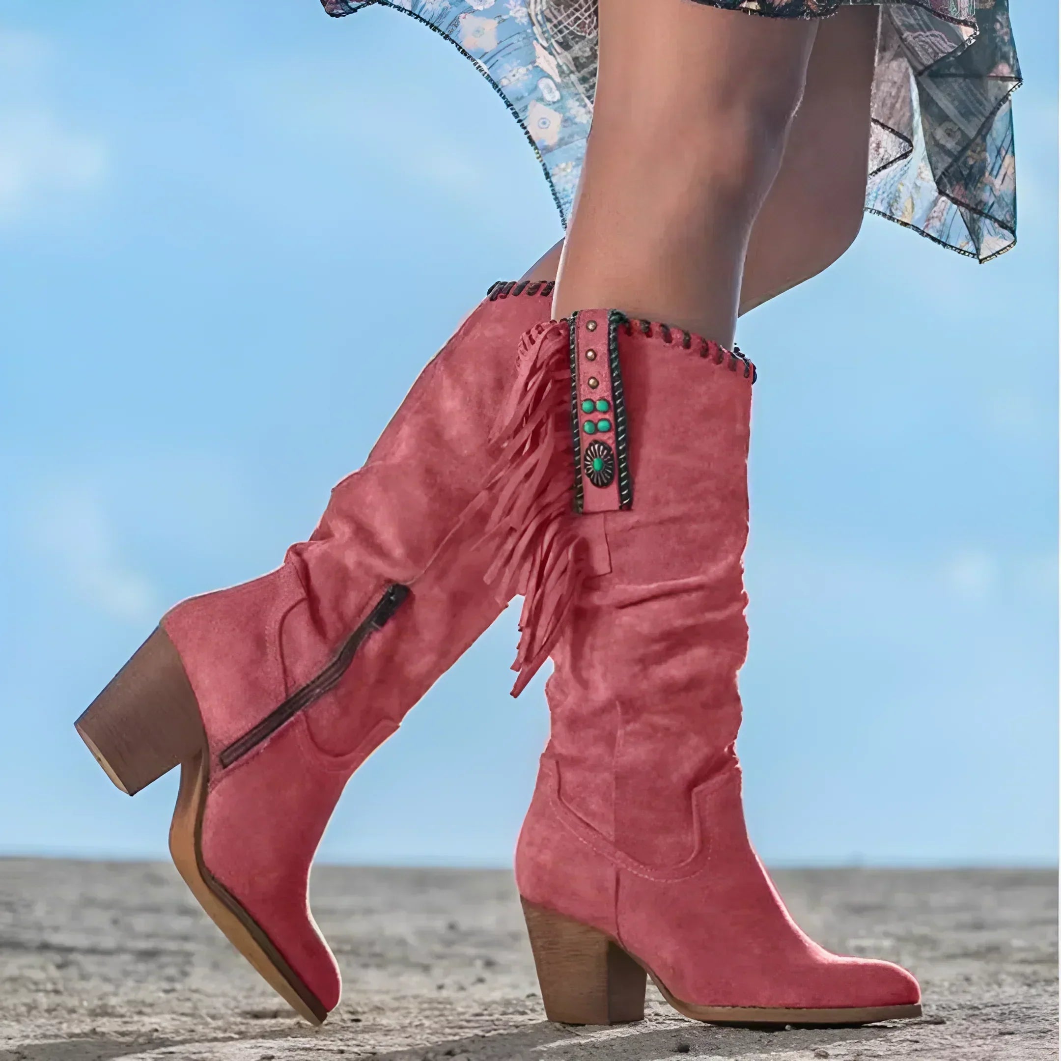Chic Western | Women's Knee High Heeled Cowboy Boots with Fringe Detail | Stylish Slouch Design for Comfort and Flair 3