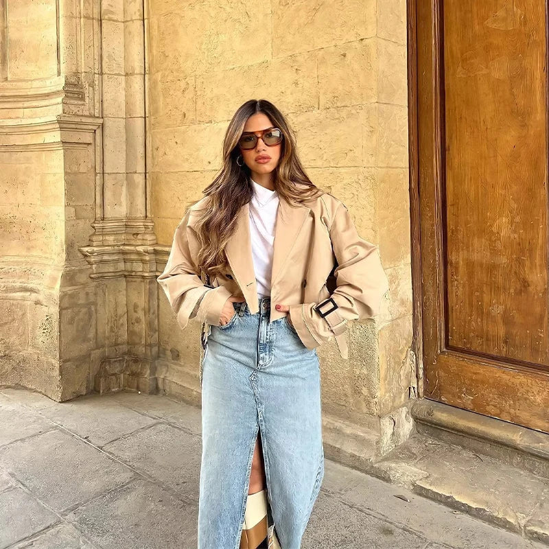 Women's Trendy Cropped Short Trench Coat with Belt